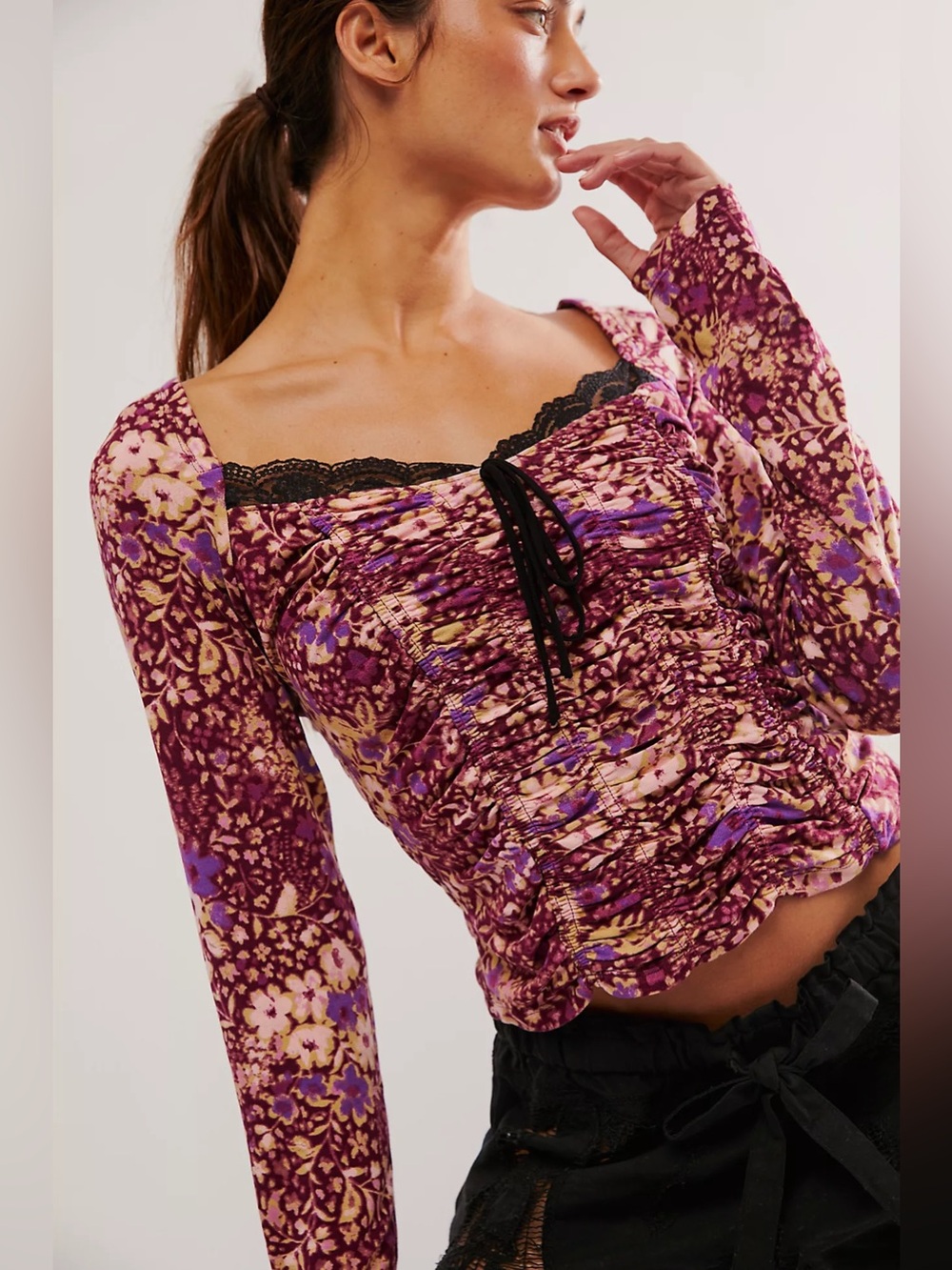 Free People Floral Ruched Corset Top Purple Cottagecore Fairy Grunge Size M